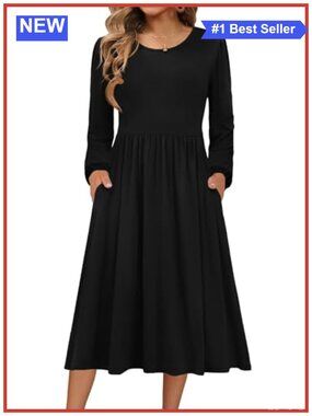 Long Sleeve Casual Midi A-Line Dress with Pockets for Women Fall Winter Boho